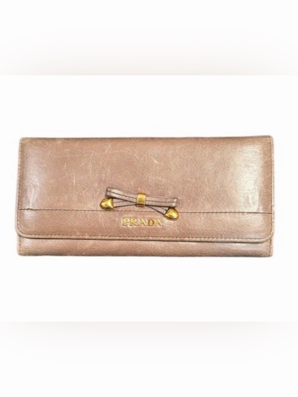 Prada Vitello Shine Distressed Leather Beige Bow Snap Zip Coin Pocket Pink
